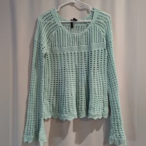Crochet Knit Sweater Top Mint Green Open Weave Bell Sleeve Boho Cottagecore   L
